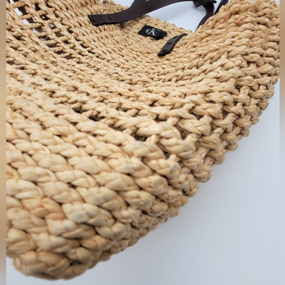 Calvin Klein Straw Woven Tan Tote Bag 5 leather trim - Picture 7 of 7